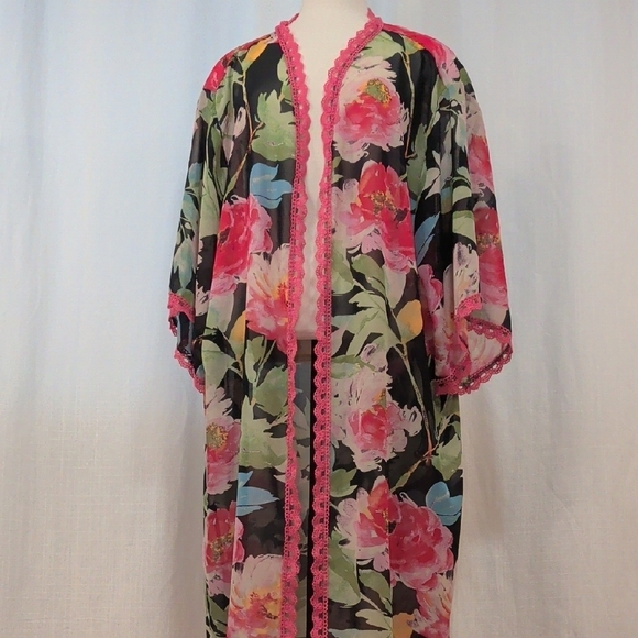 LuLaRoe Other - NWOT Sheer Floral Kimono -Pink Lace Trim- Swim Coverup XL